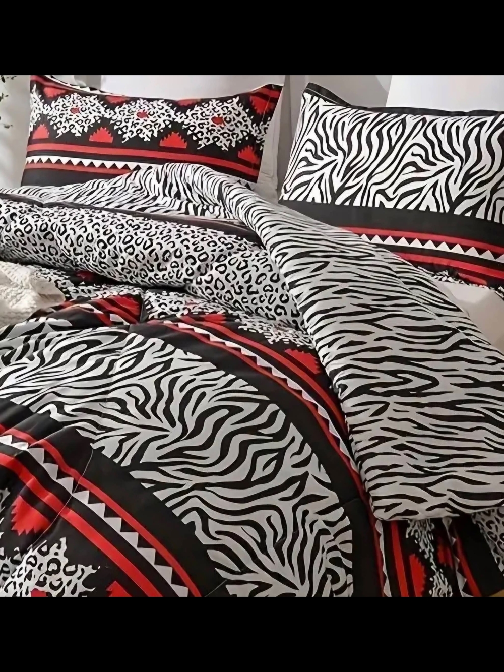 3pc Black, White & Red Animal Print Comforter Set